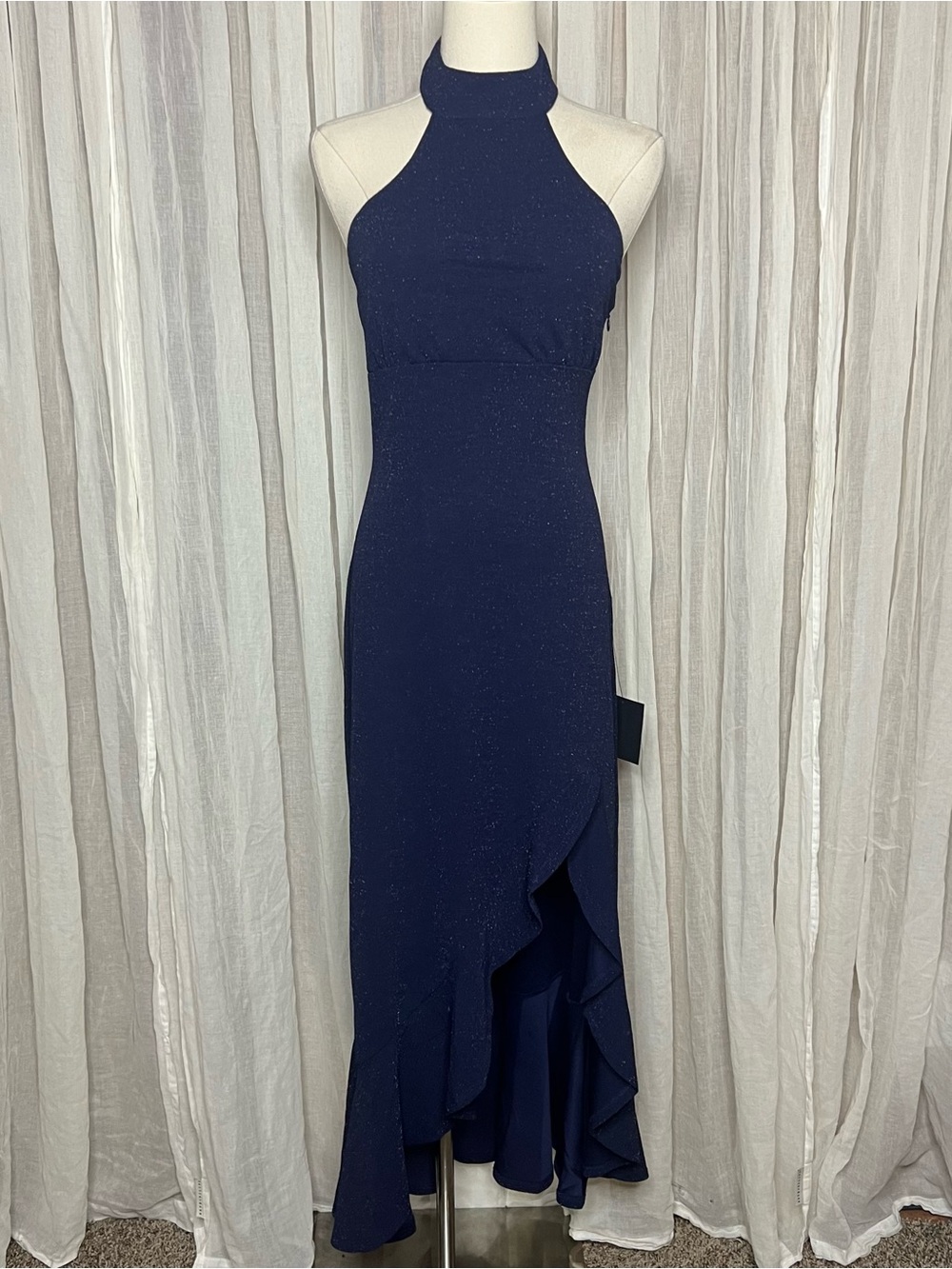 NWT Lulu’s Metallic Navy Majestic Perfection Ruffle Maxi Dress